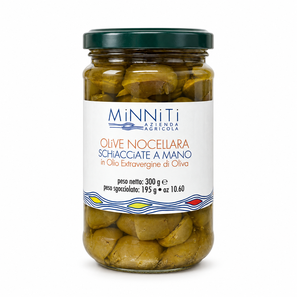 Olive Nocellara schiacciate a mano in olio extravergine di oliva monocultivar Carolea